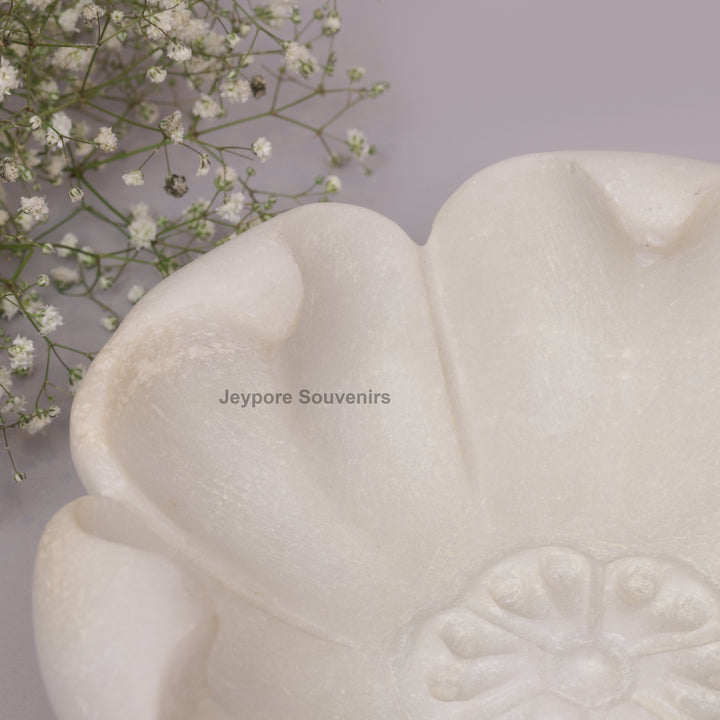White Marble Decorative Bowl with Open Flower Shaped
