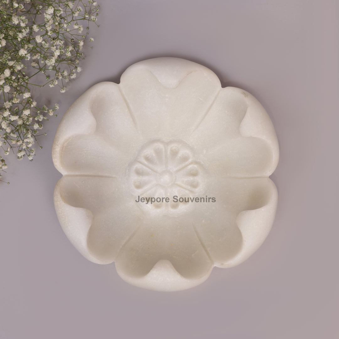 White Marble Decorative Bowl with Open Flower Shaped