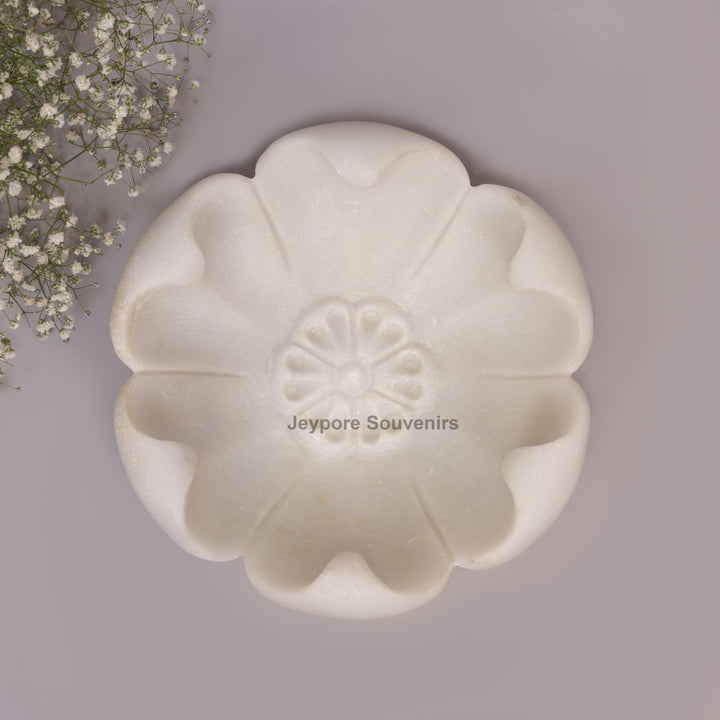 White Marble Decorative Bowl with Open Flower Shaped