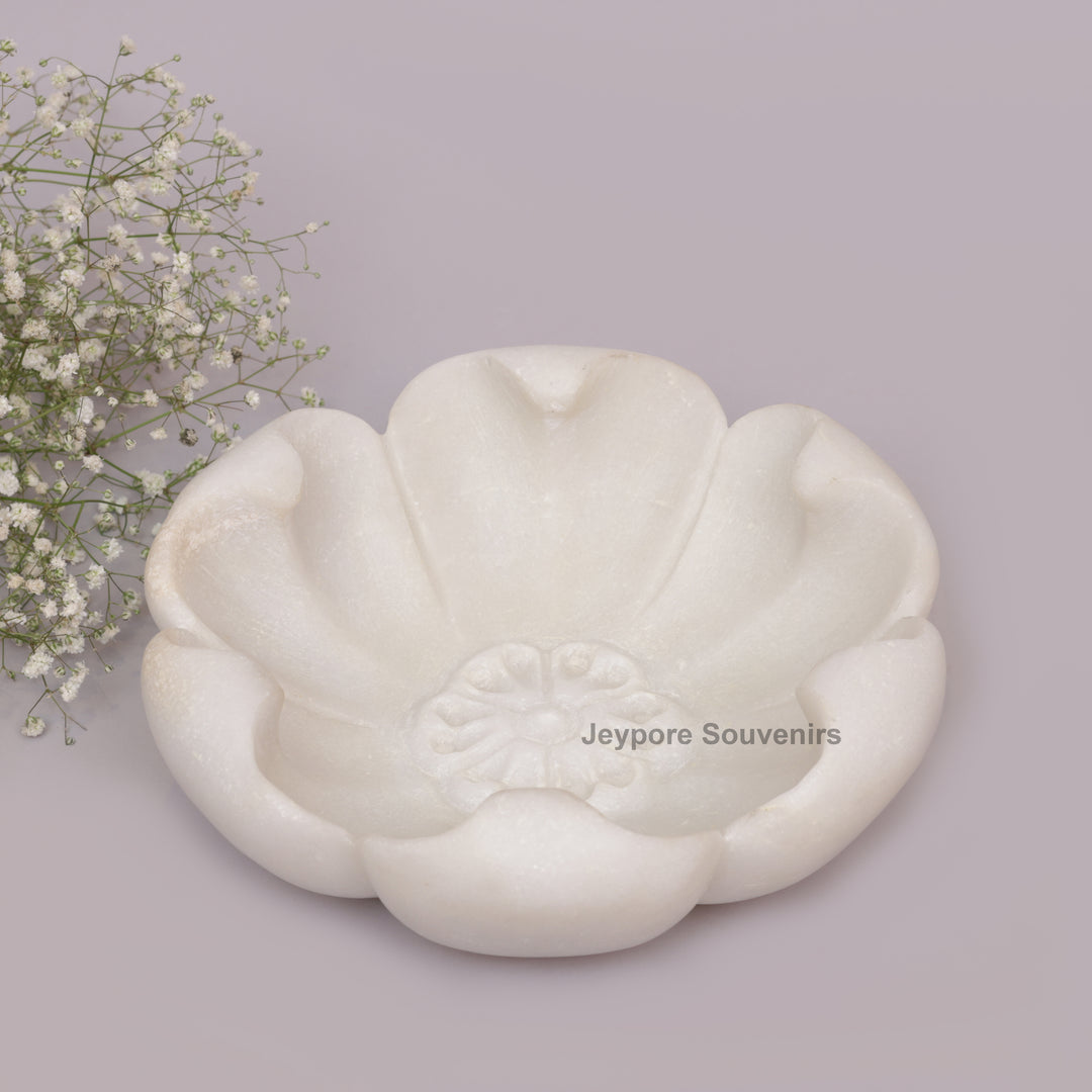 White Marble Decorative Bowl with Open Flower Shaped