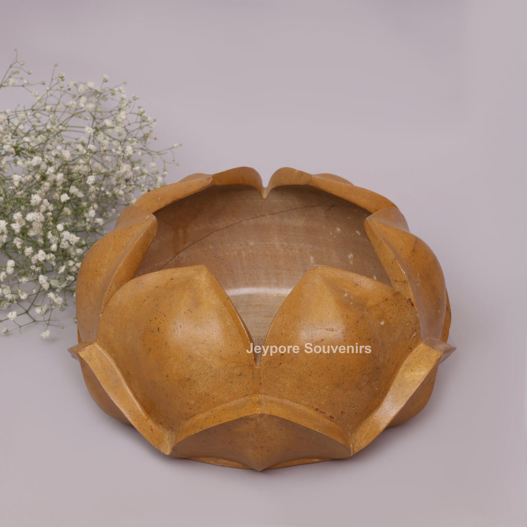 Hand-Carved Yellow Stone Lotus Bowl with Overlapping Petal Design