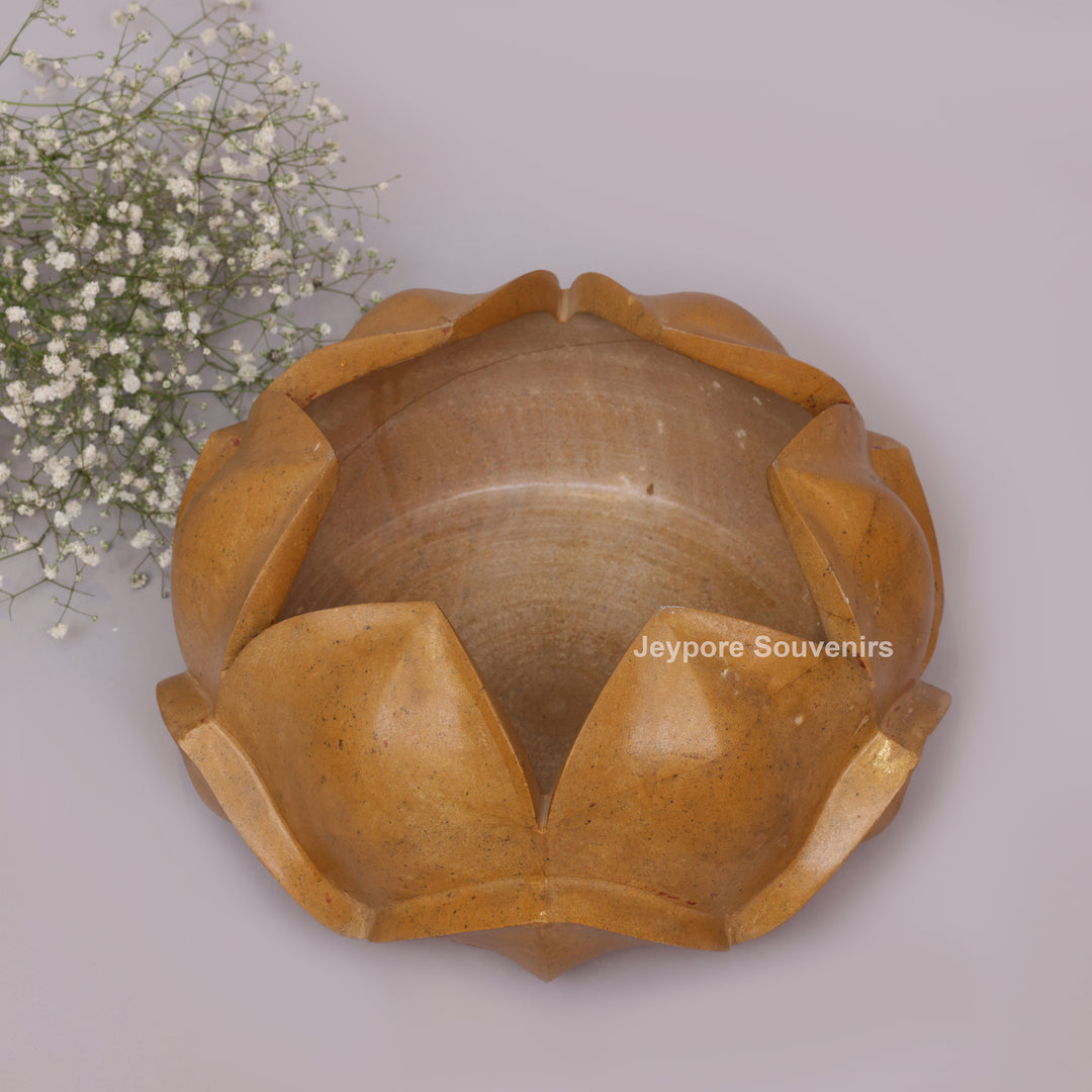 Hand-Carved Yellow Stone Lotus Bowl with Overlapping Petal Design