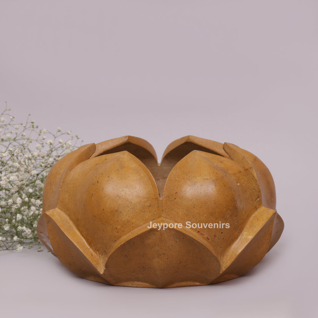 Hand-Carved Yellow Stone Lotus Bowl with Overlapping Petal Design