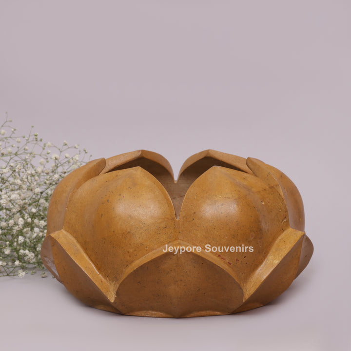 Hand-Carved Yellow Stone Lotus Bowl with Overlapping Petal Design