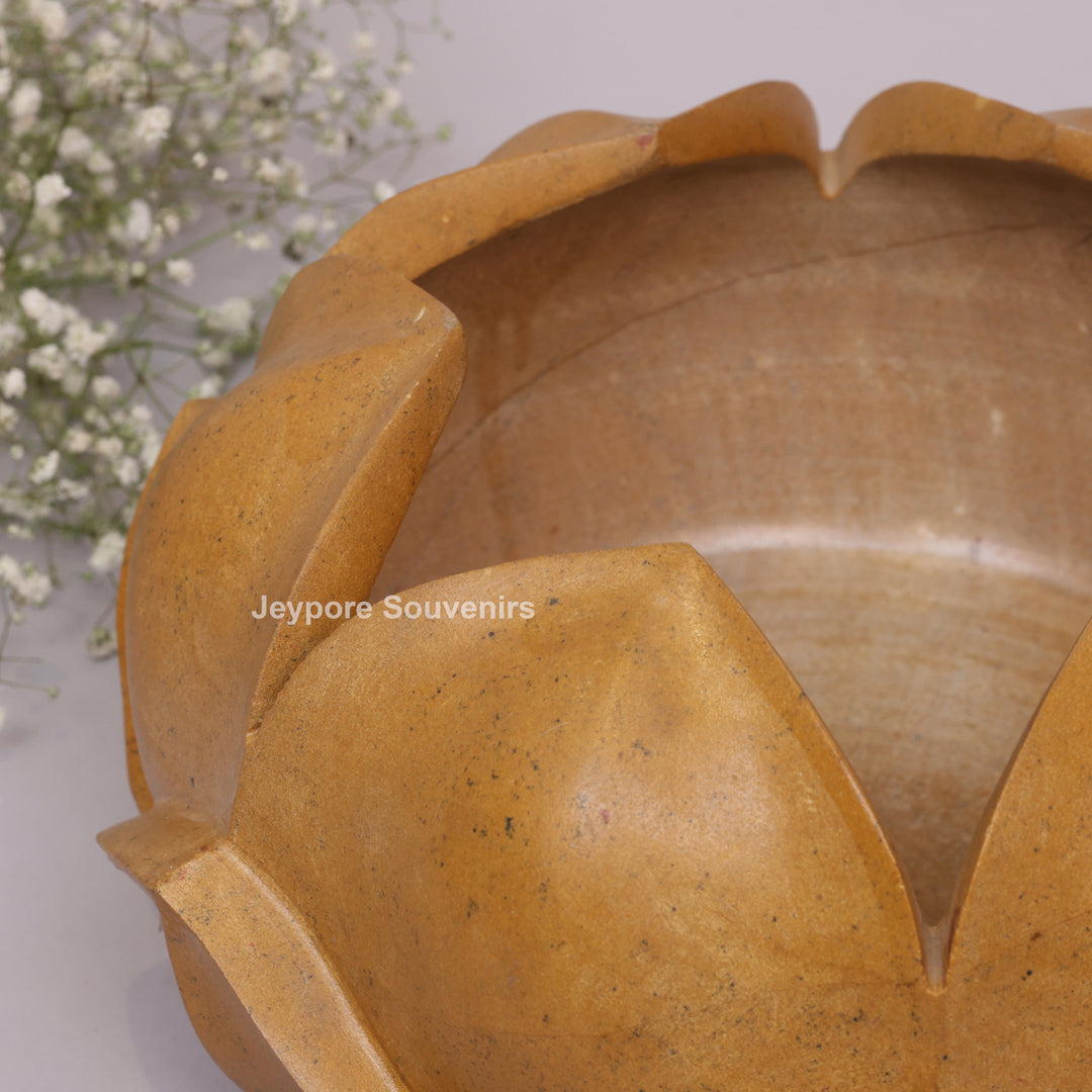 Hand-Carved Yellow Stone Lotus Bowl with Overlapping Petal Design