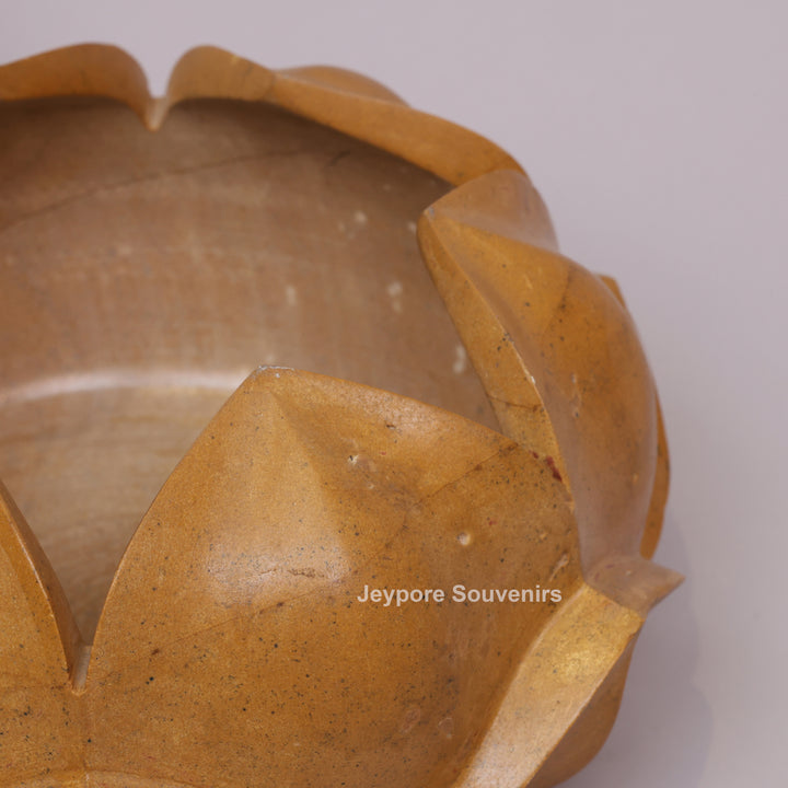 Hand-Carved Yellow Stone Lotus Bowl with Overlapping Petal Design