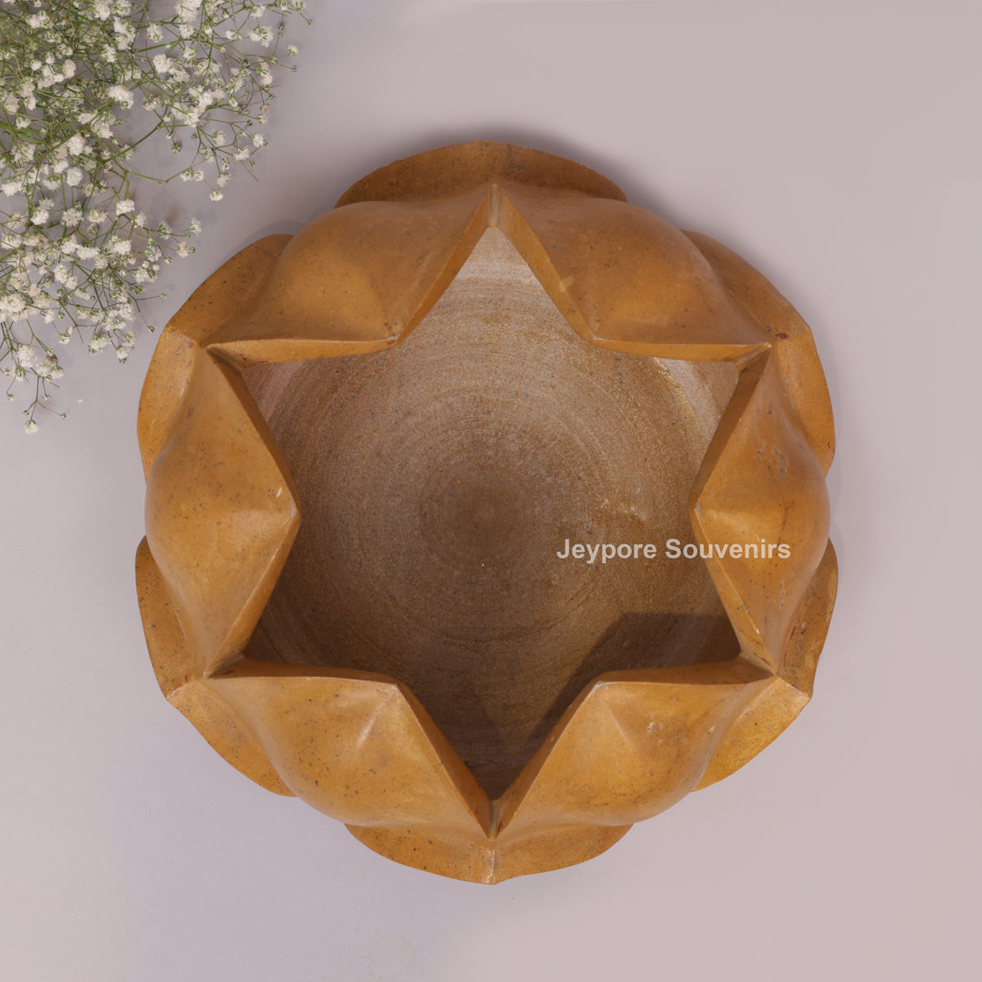 Hand-Carved Yellow Stone Lotus Bowl with Overlapping Petal Design