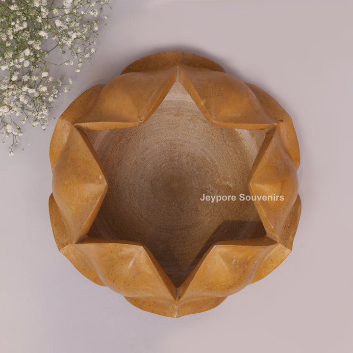 Hand-Carved Yellow Stone Lotus Bowl with Overlapping Petal Design