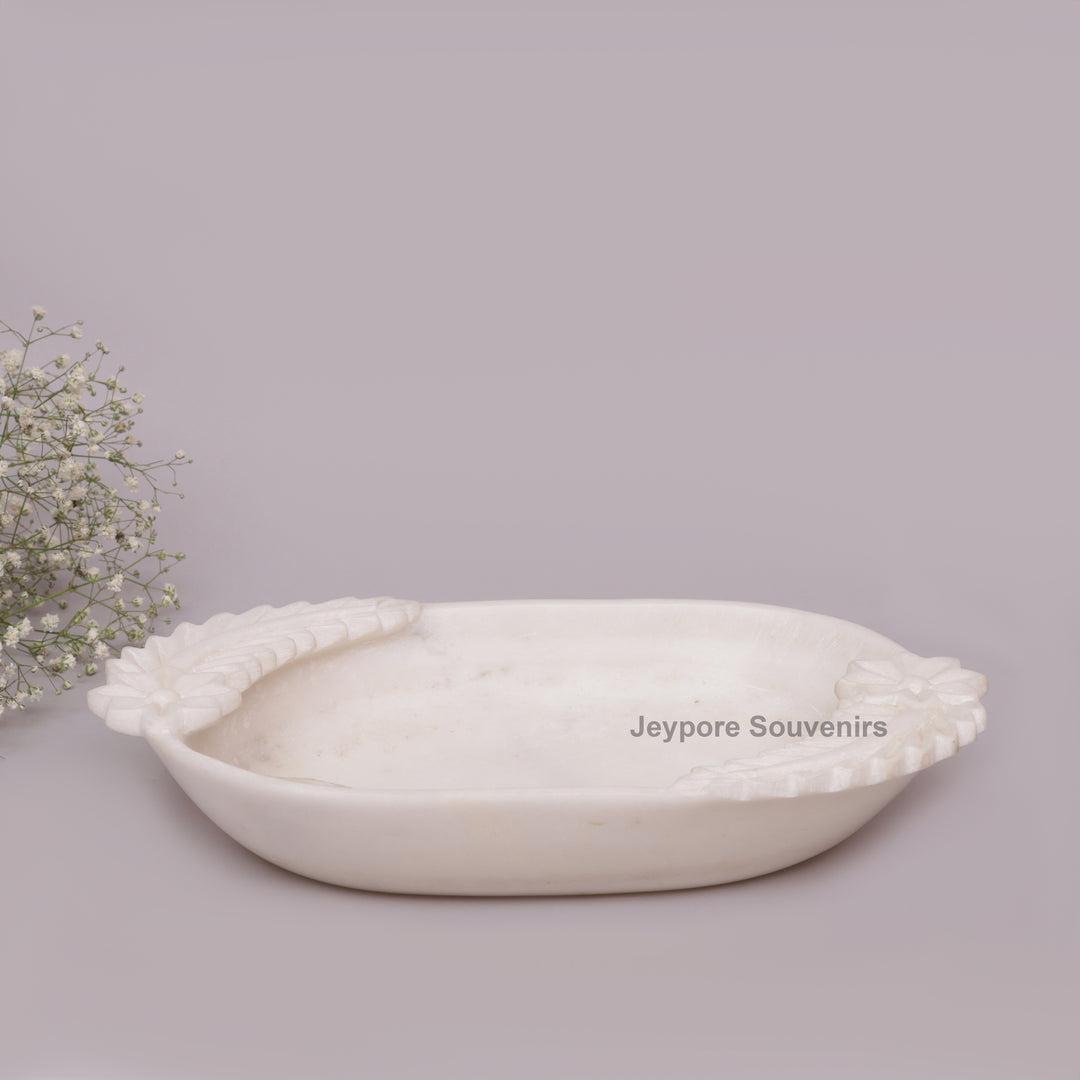 Hand-Carved White Marble Urli Bowl with Floral &amp; Leaf Carved Design