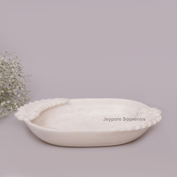 Hand-Carved White Marble Urli Bowl with Floral &amp; Leaf Carved Design