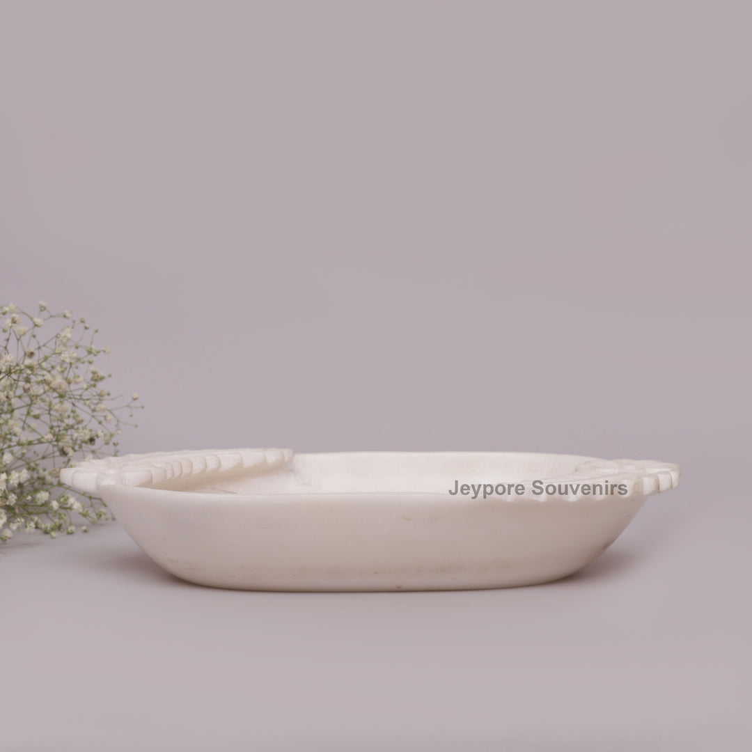 Hand-Carved White Marble Urli Bowl with Floral &amp; Leaf Carved Design