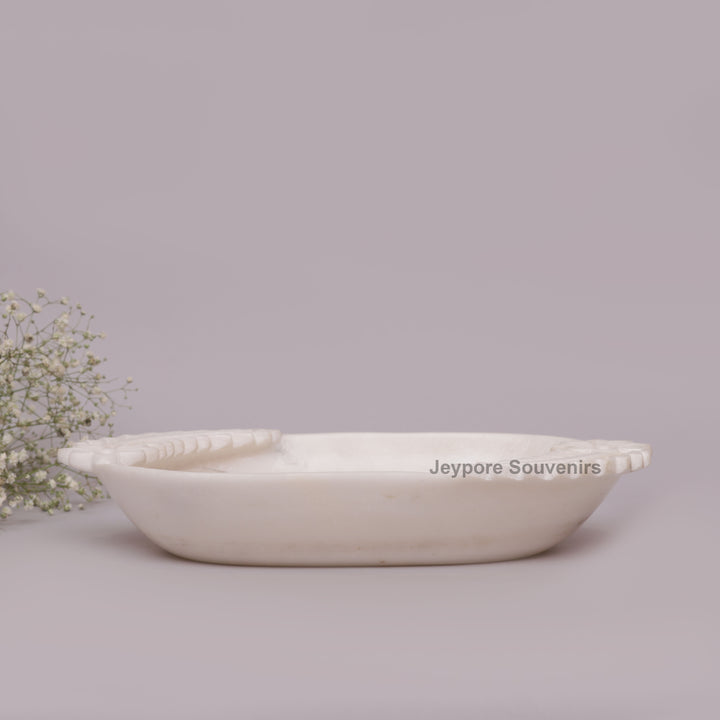 Hand-Carved White Marble Urli Bowl with Floral &amp; Leaf Carved Design