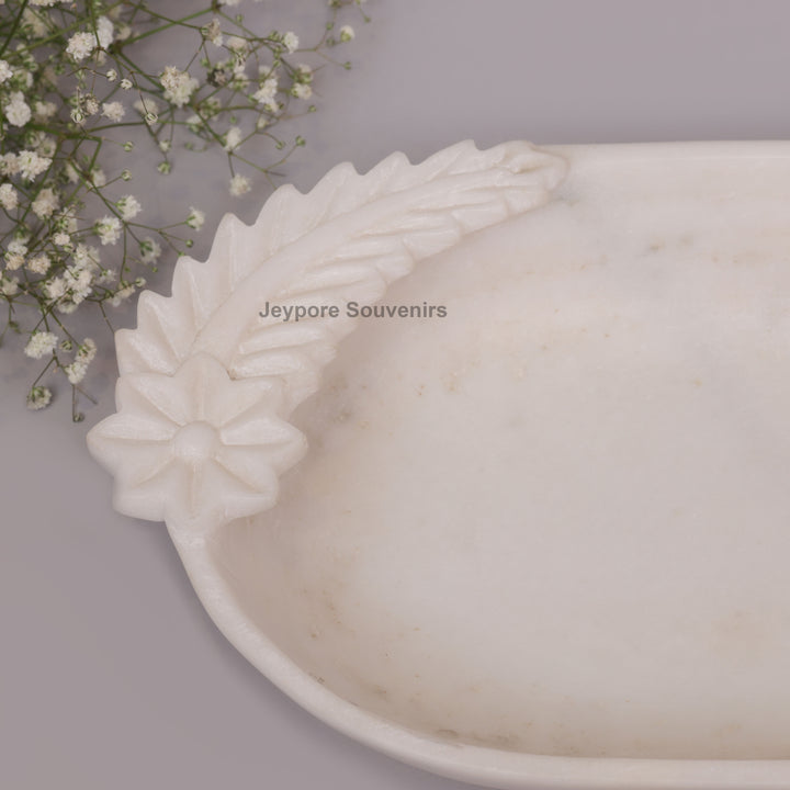 Hand-Carved White Marble Urli Bowl with Floral &amp; Leaf Carved Design