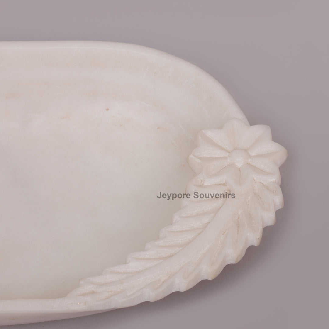 Hand-Carved White Marble Urli Bowl with Floral &amp; Leaf Carved Design
