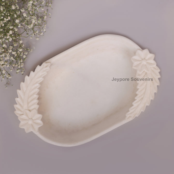 Hand-Carved White Marble Urli Bowl with Floral &amp; Leaf Carved Design