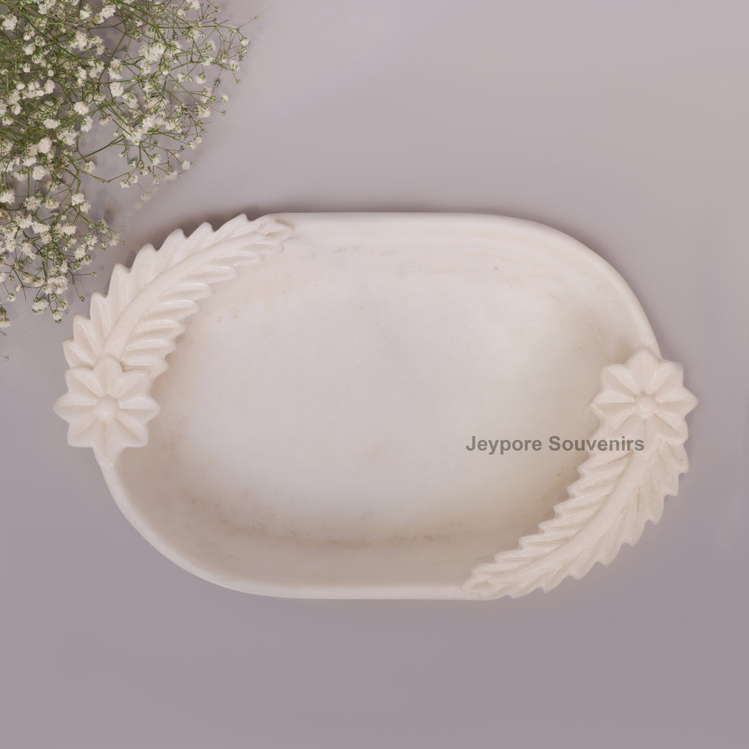 Hand-Carved White Marble Urli Bowl with Floral &amp; Leaf Carved Design