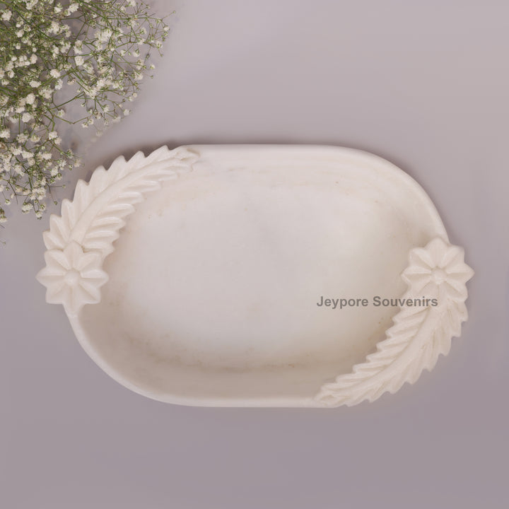 Hand-Carved White Marble Urli Bowl with Floral &amp; Leaf Carved Design