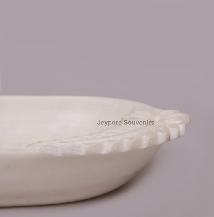 Hand-Carved White Marble Urli Bowl with Floral &amp; Leaf Carved Design