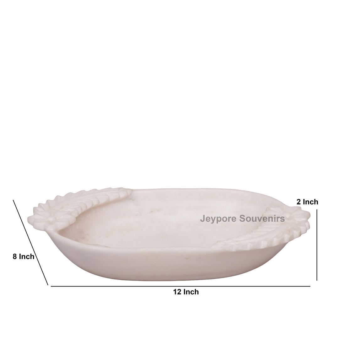 Hand-Carved White Marble Urli Bowl with Floral &amp; Leaf Carved Design