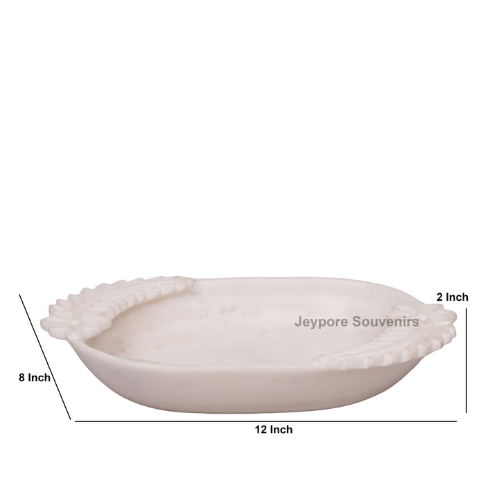 Hand-Carved White Marble Urli Bowl with Floral &amp; Leaf Carved Design