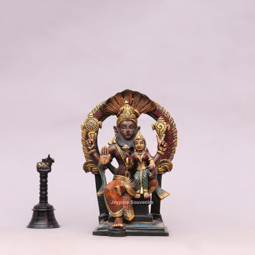 9" Handcrafted Brass Lakshmi Narasimha Statue with Hand-Painted Finish