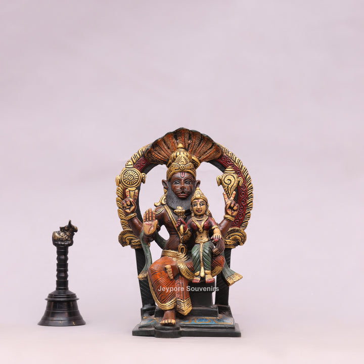 9" Handcrafted Brass Lakshmi Narasimha Statue with Hand-Painted Finish