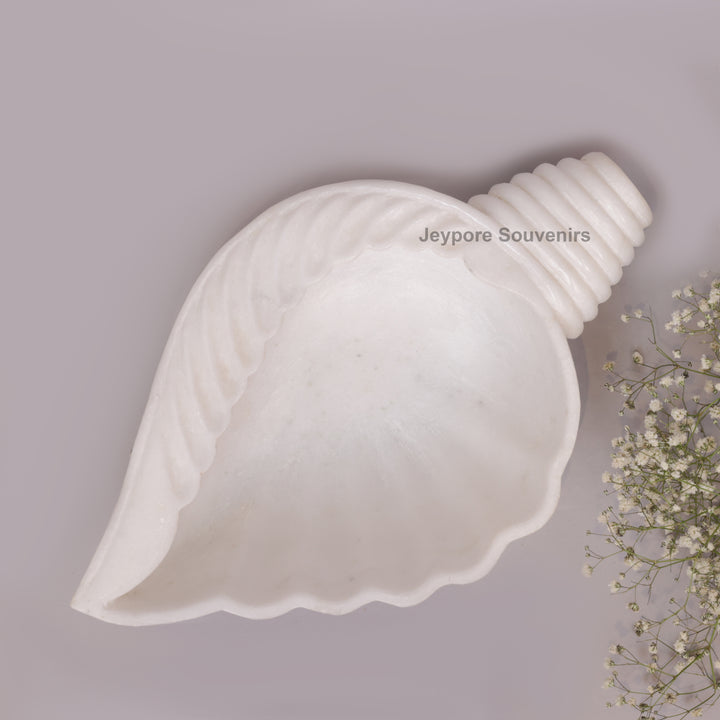 Hand-Carved White Marble Conch Shell Decorative Urli Bowl