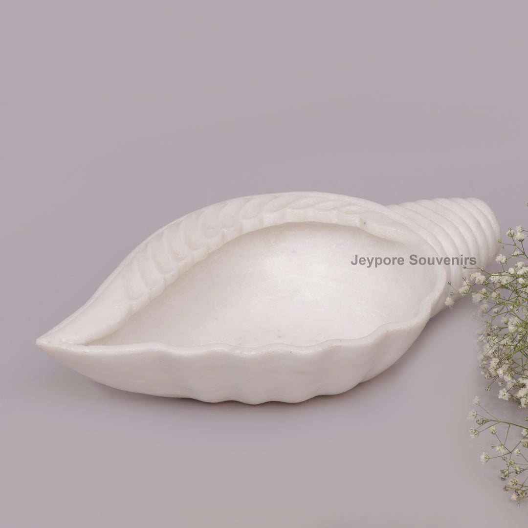 Hand-Carved White Marble Conch Shell Decorative Urli Bowl