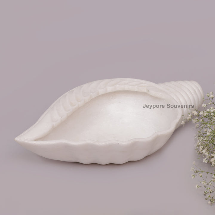 Hand-Carved White Marble Conch Shell Decorative Urli Bowl