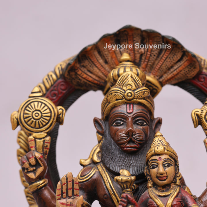 9" Handcrafted Brass Lakshmi Narasimha Statue with Hand-Painted Finish