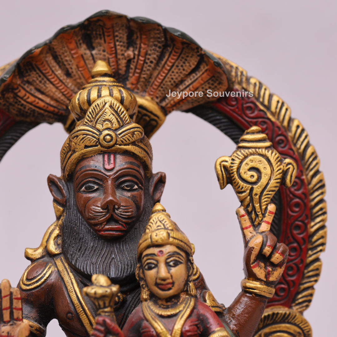 9" Handcrafted Brass Lakshmi Narasimha Statue with Hand-Painted Finish