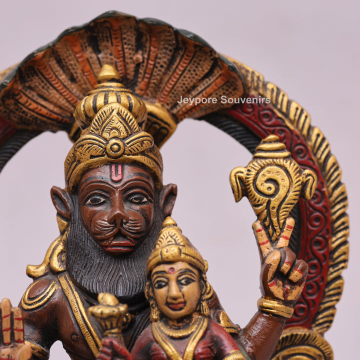9" Handcrafted Brass Lakshmi Narasimha Statue with Hand-Painted Finish