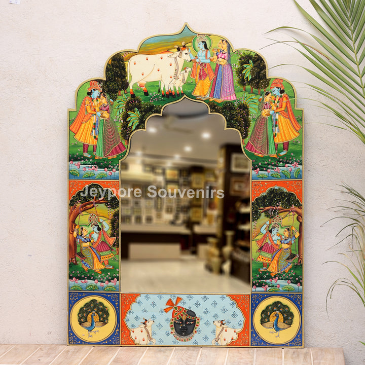 Handcrafted Radha Krishna Pichwai Wooden Wall Mirror Frame
