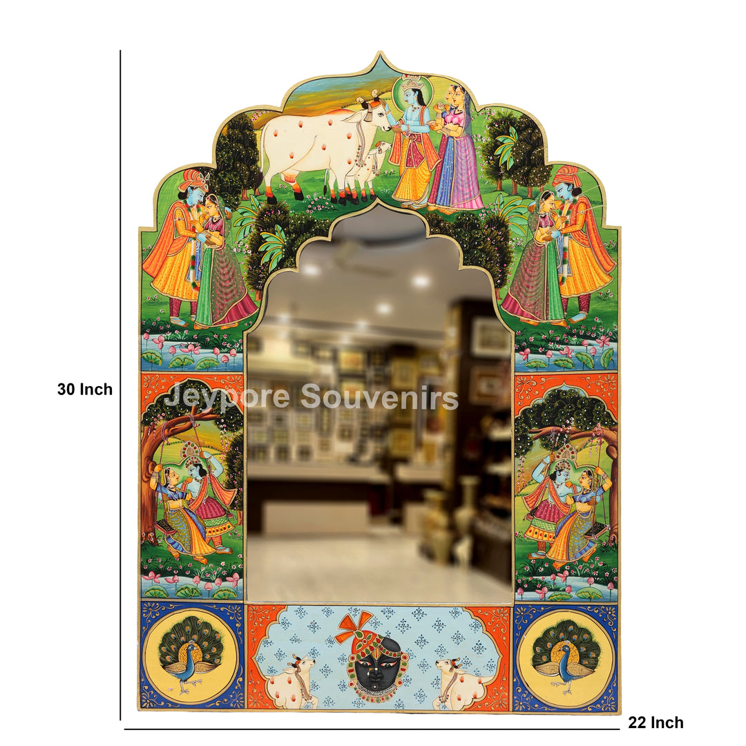 Handcrafted Radha Krishna Pichwai Wooden Wall Mirror Frame