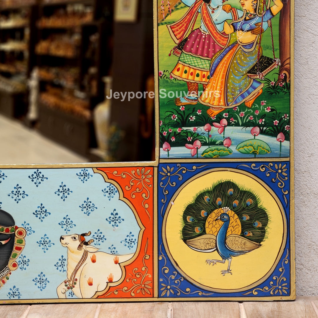 Handcrafted Radha Krishna Pichwai Wooden Wall Mirror Frame