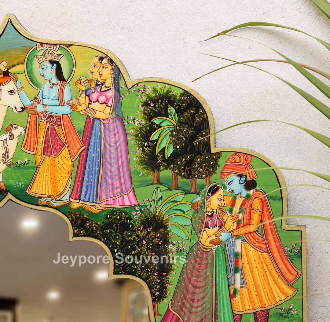 Handcrafted Radha Krishna Pichwai Wooden Wall Mirror Frame