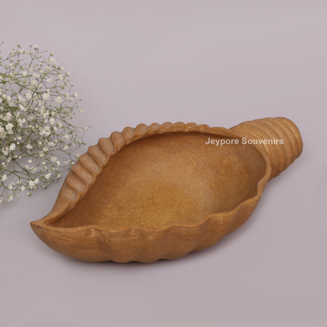 Hand-Carved Brown Marble Conch Shell Urli Bowl