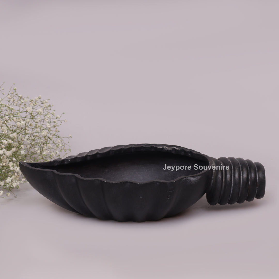 Hand-Carved Black Marble Shankh Urli Bowl with Fluted Ribbed Design
