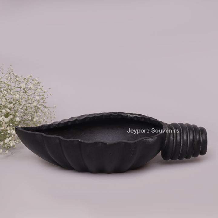 Hand-Carved Black Marble Shankh Urli Bowl with Fluted Ribbed Design