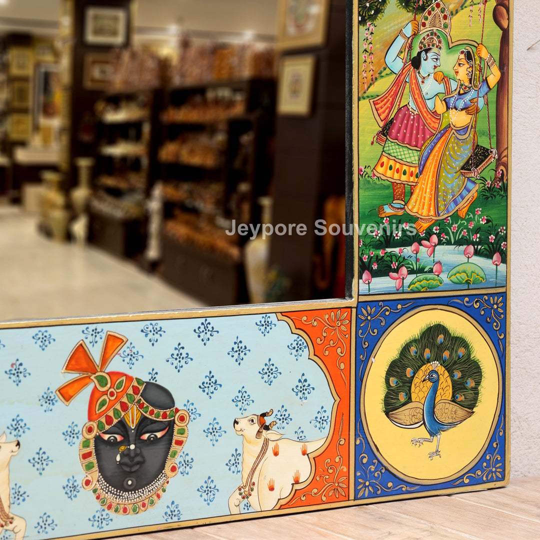 Handcrafted Radha Krishna Pichwai Wooden Wall Mirror Frame