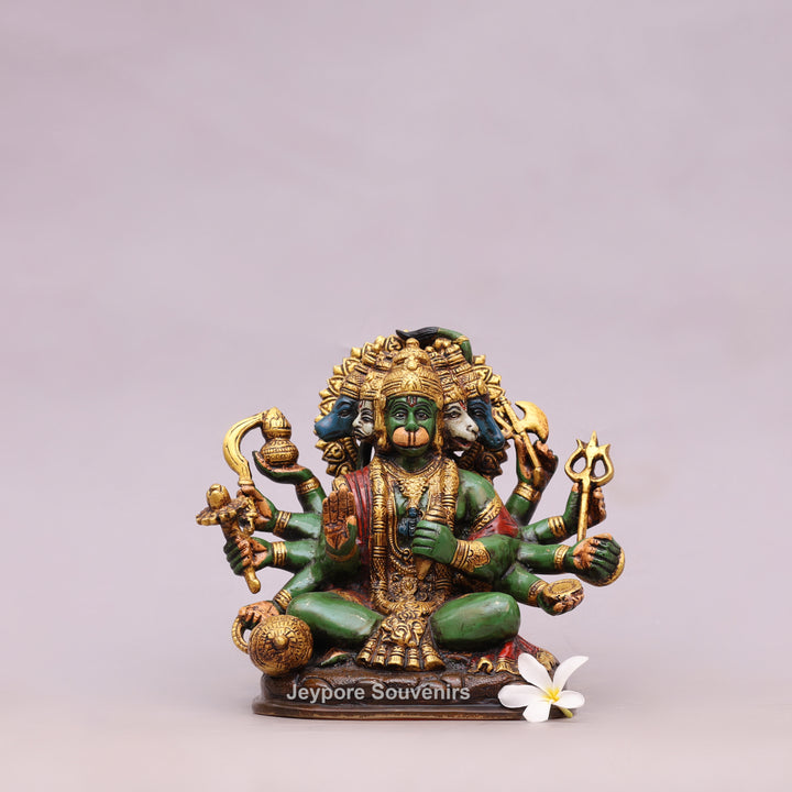 9" Handcrafted Brass Panchmukhi Hanuman Statue with Hand-Painted Finish