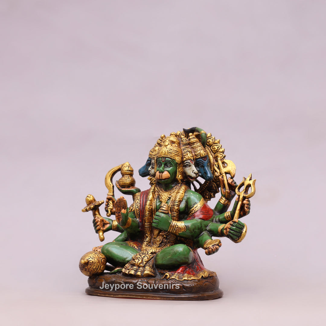 9" Handcrafted Brass Panchmukhi Hanuman Statue with Hand-Painted Finish
