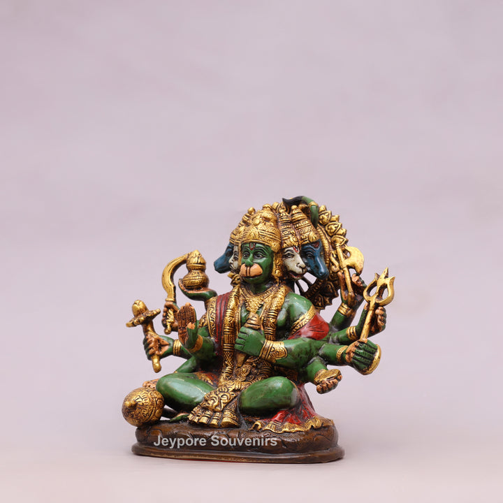 9" Handcrafted Brass Panchmukhi Hanuman Statue with Hand-Painted Finish