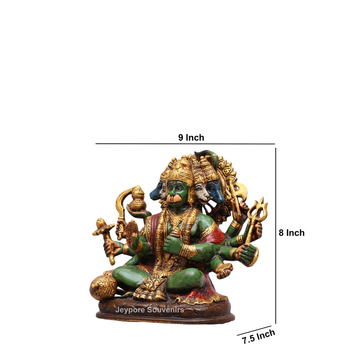 9" Handcrafted Brass Panchmukhi Hanuman Statue with Hand-Painted Finish