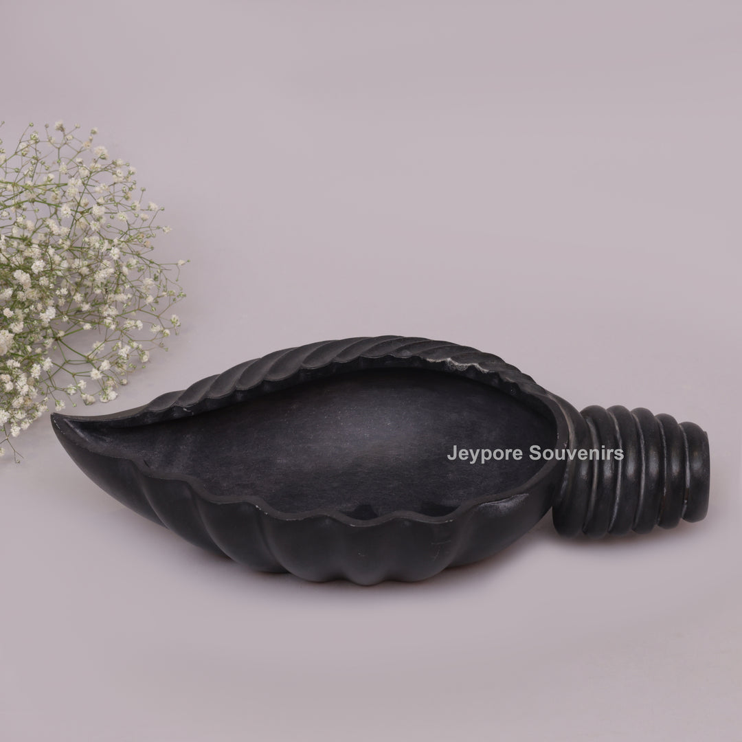 Hand-Carved Black Marble Shankh Urli Bowl with Fluted Ribbed Design