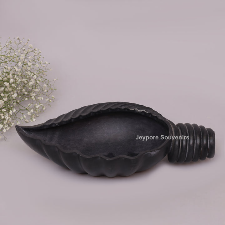 Hand-Carved Black Marble Shankh Urli Bowl with Fluted Ribbed Design