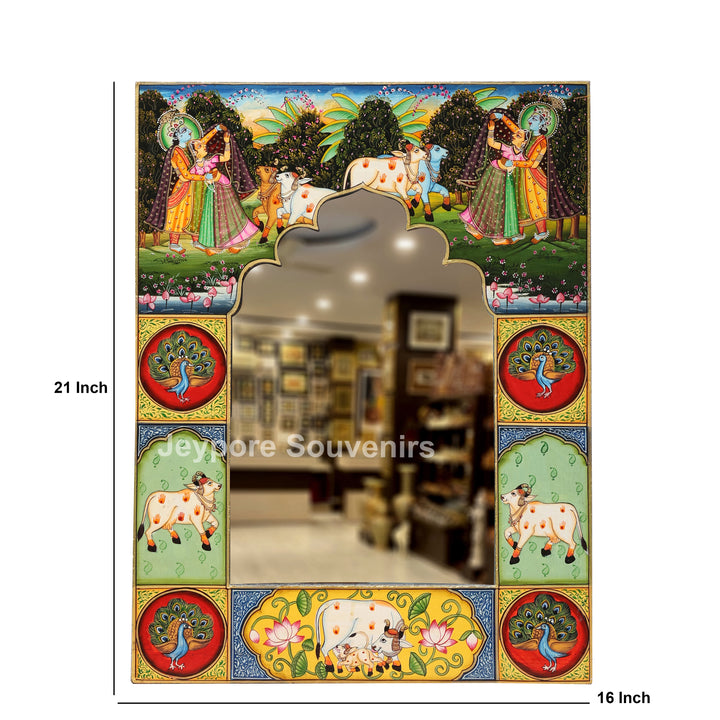 Handcrafted Radha Krishna &amp; Cow Pichwai Wooden Wall Mirror