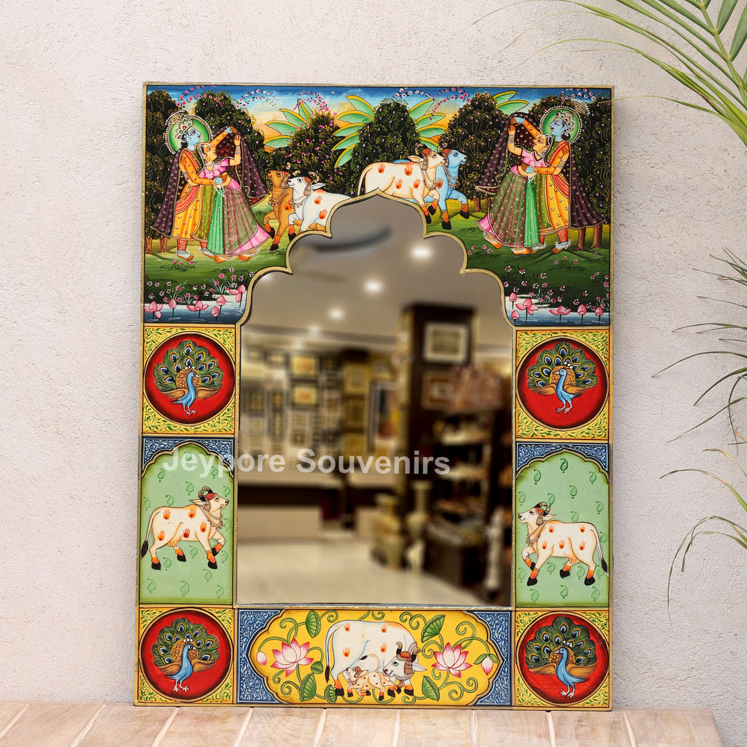 Handcrafted Radha Krishna &amp; Cow Pichwai Wooden Wall Mirror