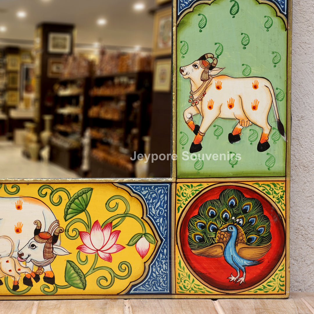 Handcrafted Radha Krishna &amp; Cow Pichwai Wooden Wall Mirror