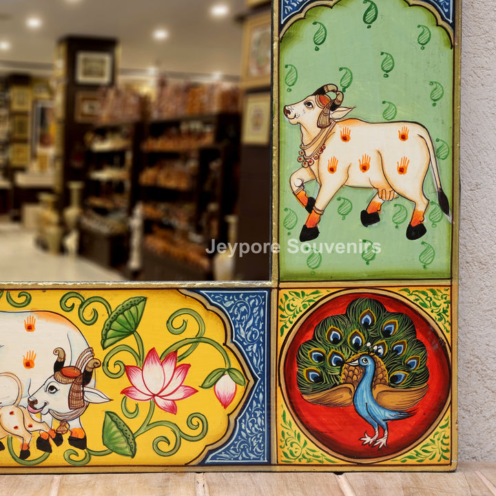 Handcrafted Radha Krishna &amp; Cow Pichwai Wooden Wall Mirror